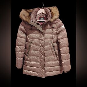 Vince Camuto Creamy Beige Puffer Jacket with Faux Fur  Trim